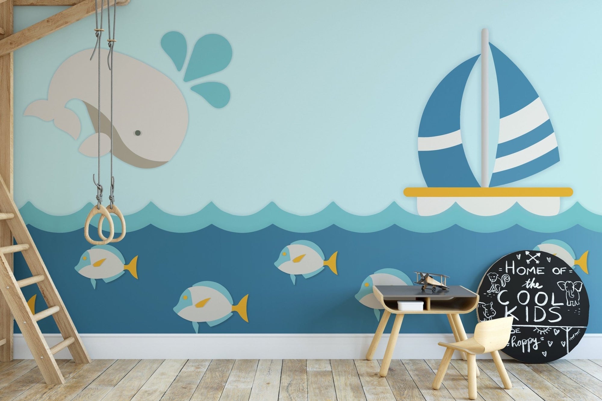 Whale and boat kids room wallpaper mural for ocean theme A642