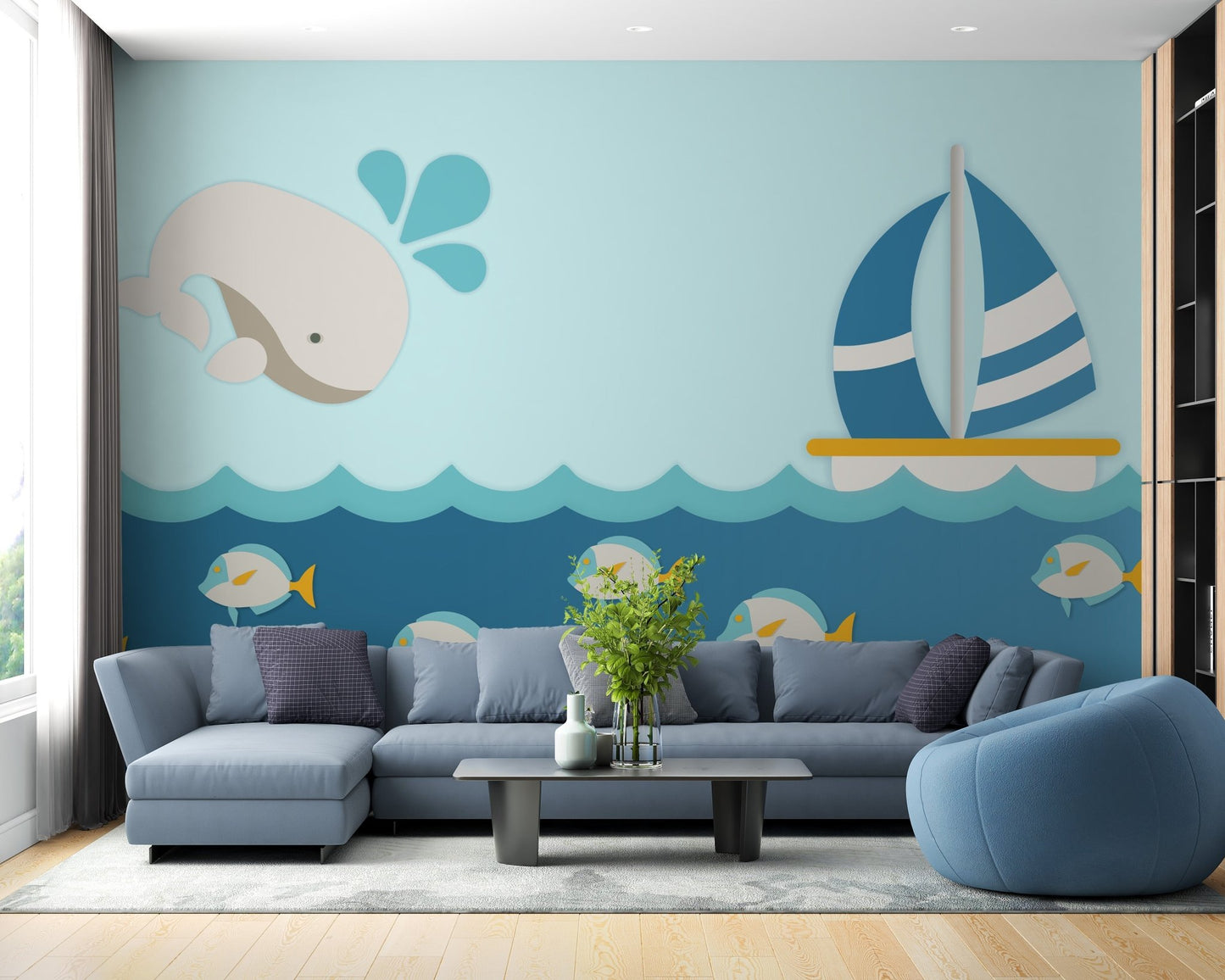 Whale and boat wallpaper mural for ocean-themed kids room A642