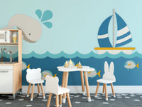 Cute ocean-themed nursery wallpaper with whale and fish
