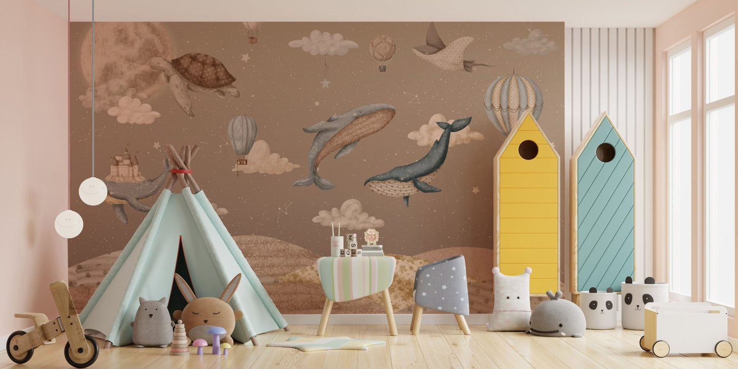 Whimsical whales kids wall covering
