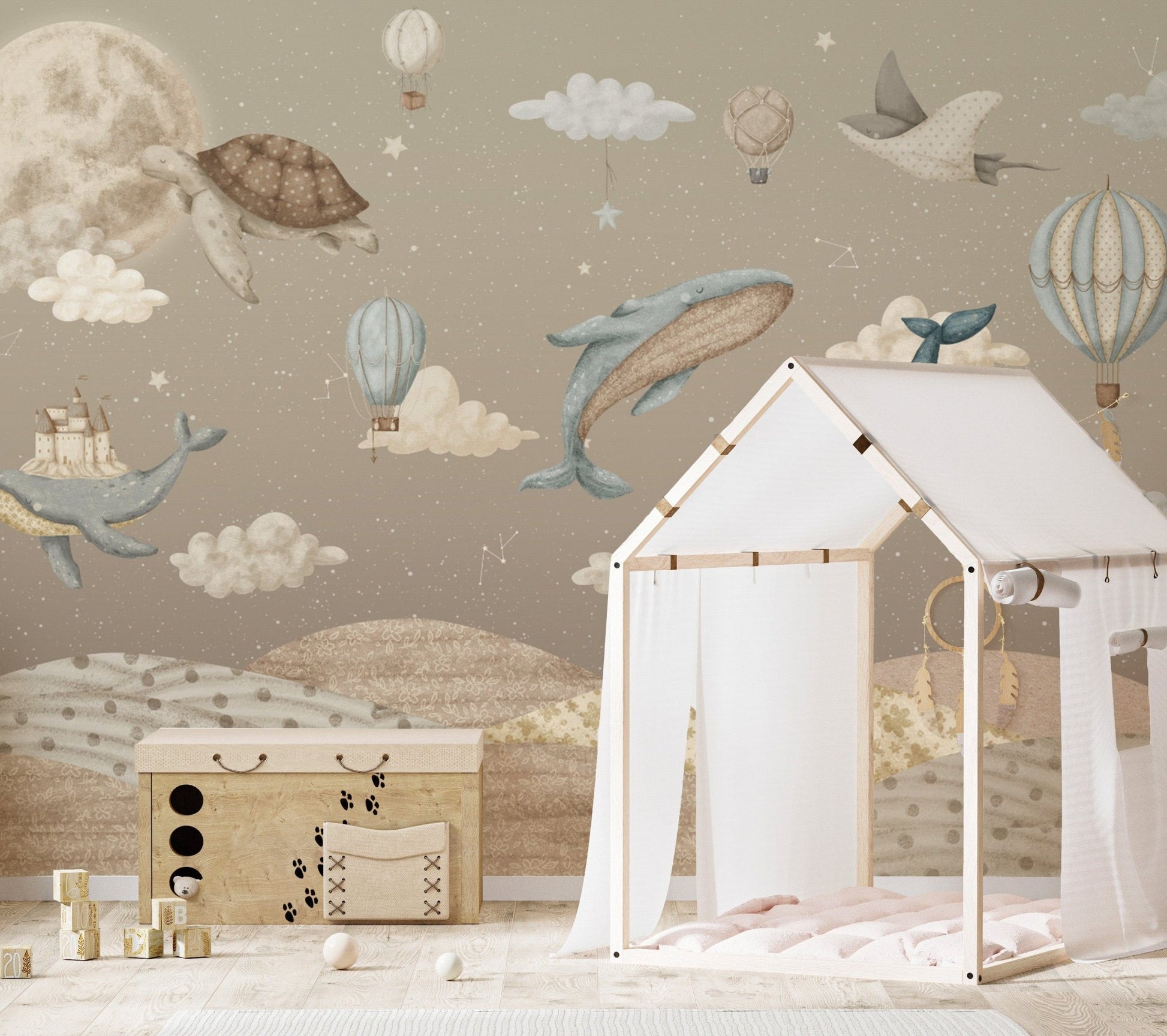 Fantasy whales and balloons mural
