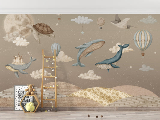 Floating whales and balloons mural
