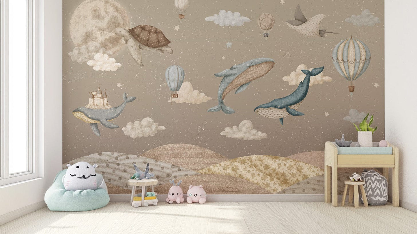 Dreamy whales kids room wallpaper
