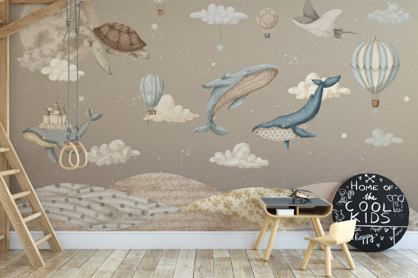 Whales in sky kids wallpaper
