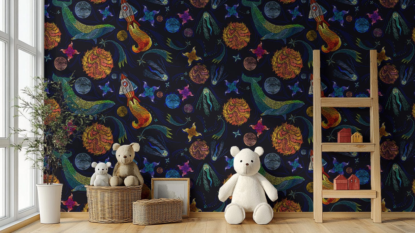 Space and sea fusion mural with whales
 A985