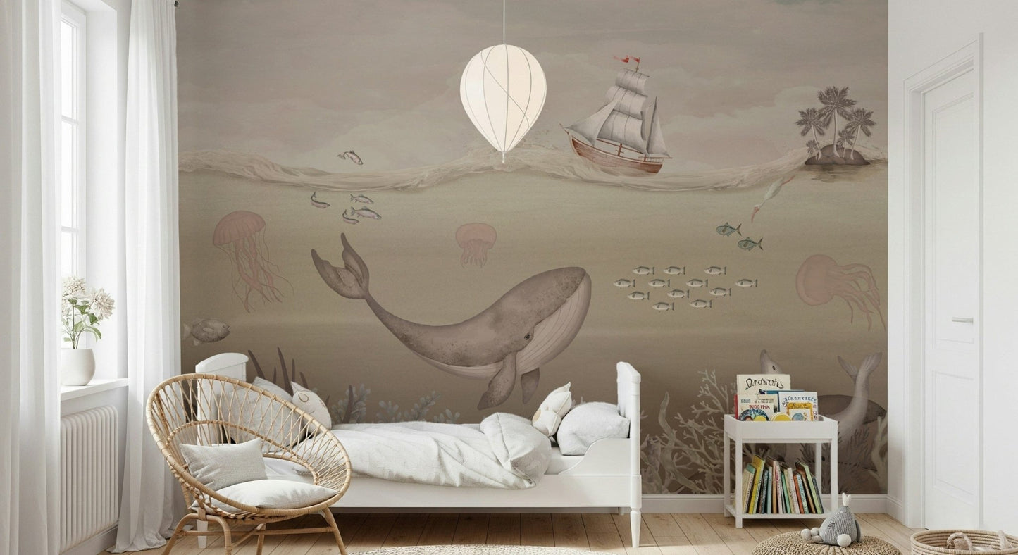 Peaceful whale's journey wall mural in a light filled hallway.