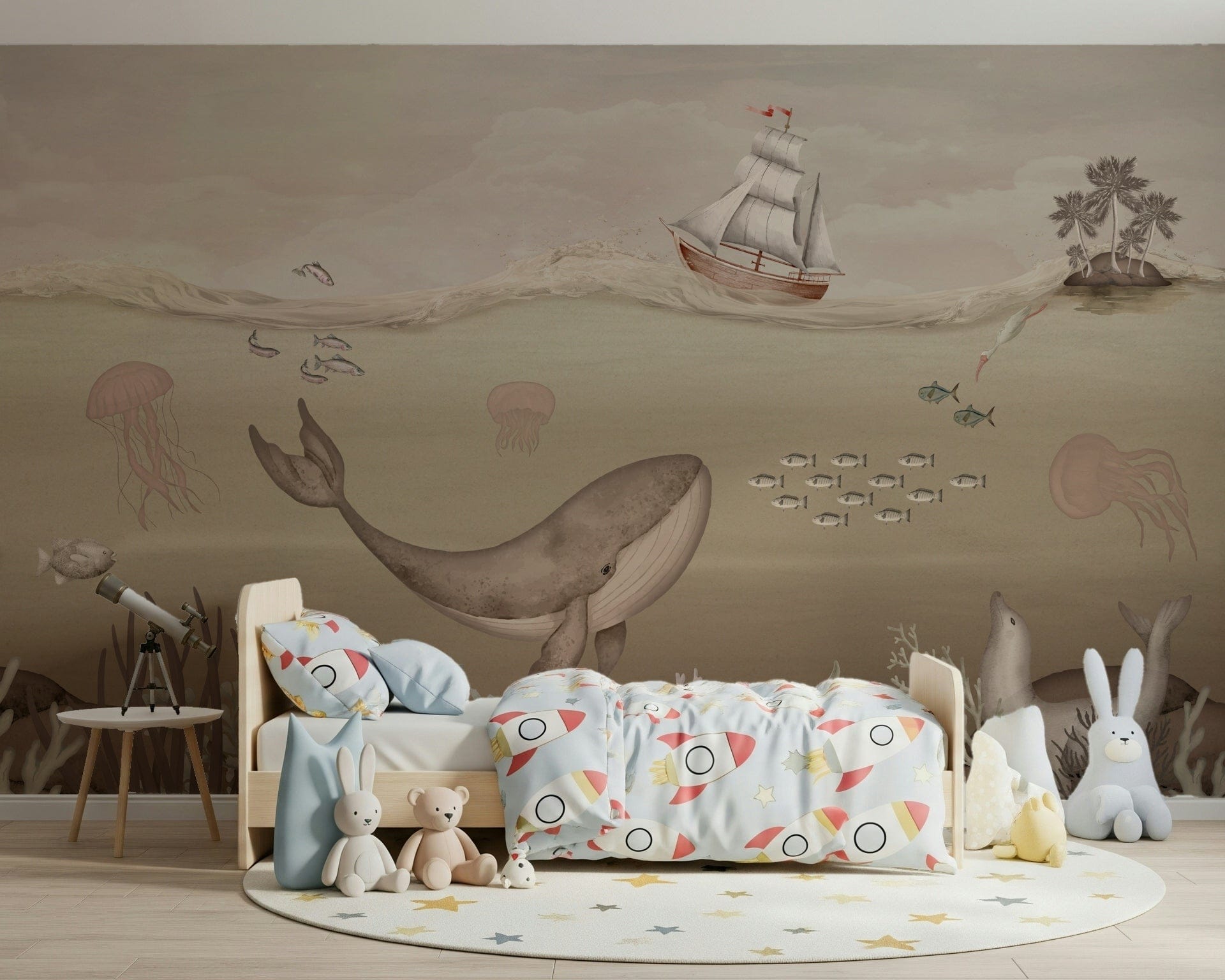 Detailed whale illustration wall mural for a lounge area.