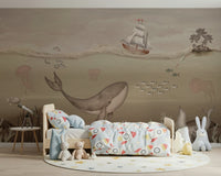 Detailed whale illustration wall mural for a lounge area.