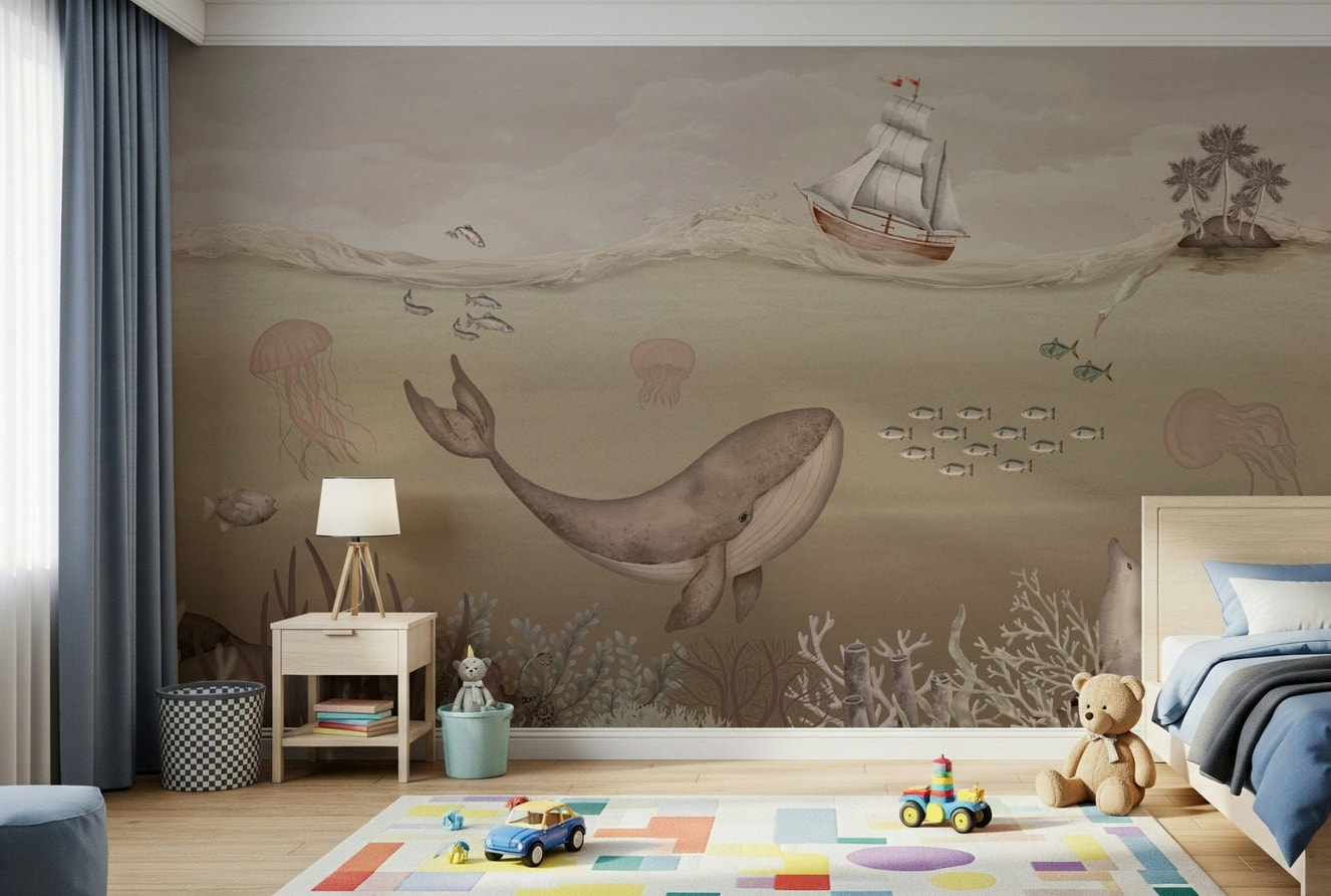 Large whale's journey wall mural on a spacious living room wall.