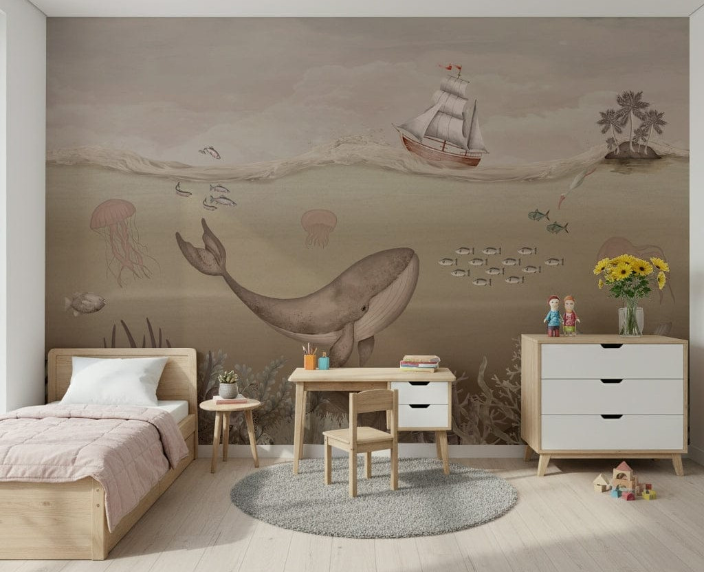 Deep sea adventure wall mural for a playful kids creative zone.