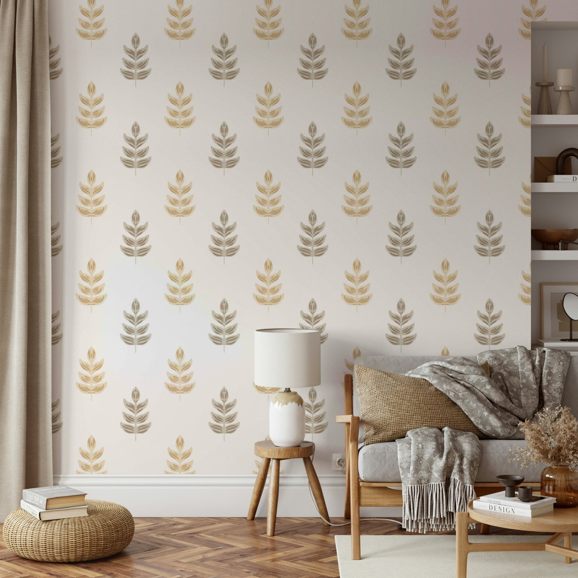 The peel and stick wallpaper showing realistic nature textures.

