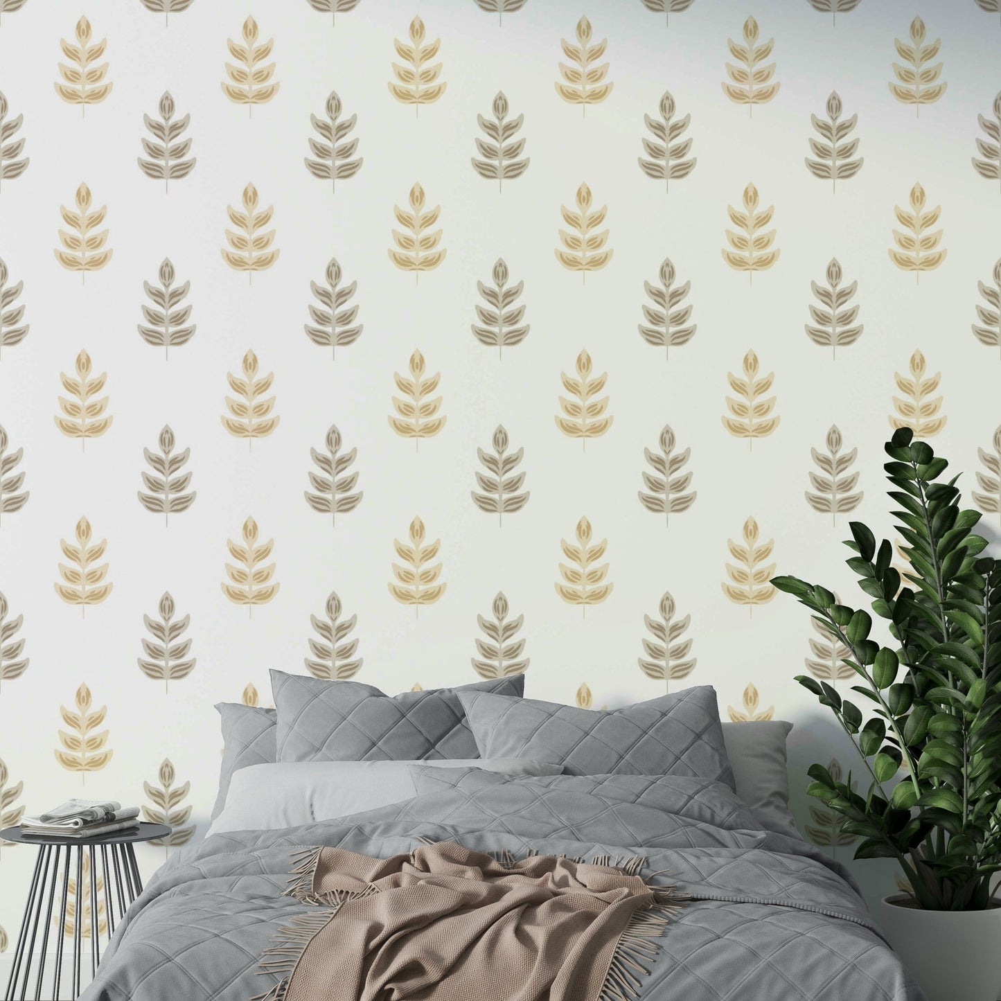 A minimalist interior with the grain field wallpaper.

