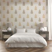 The wallpaper is used as a feature wall in a bedroom.

