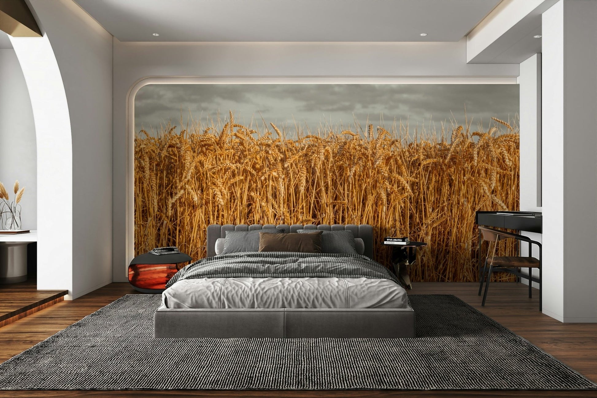 Serene farmland wheat mural design

