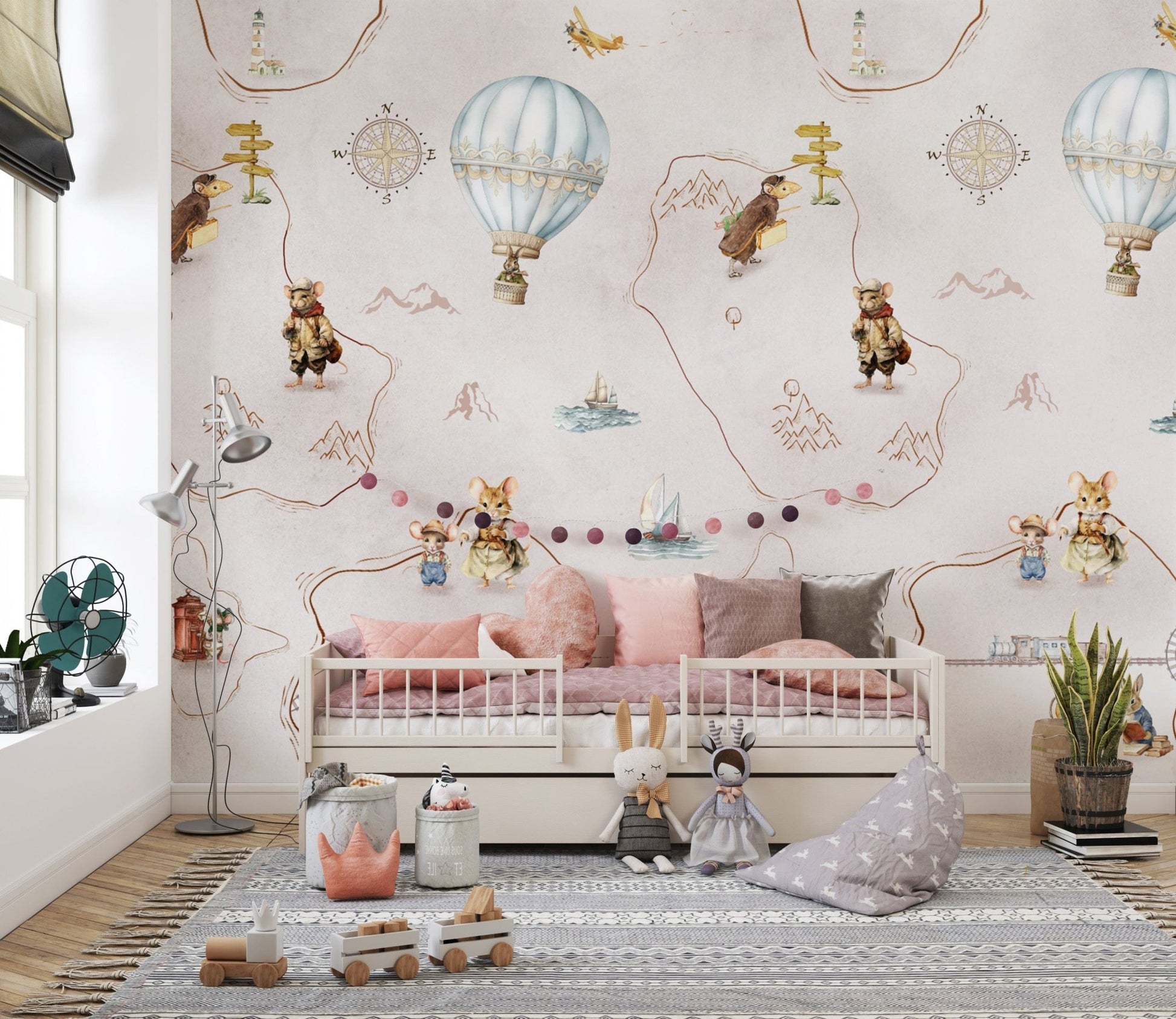 Whimsical animal wallpaper with travel scenes