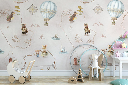 Whimsical animal adventure wallpaper design
