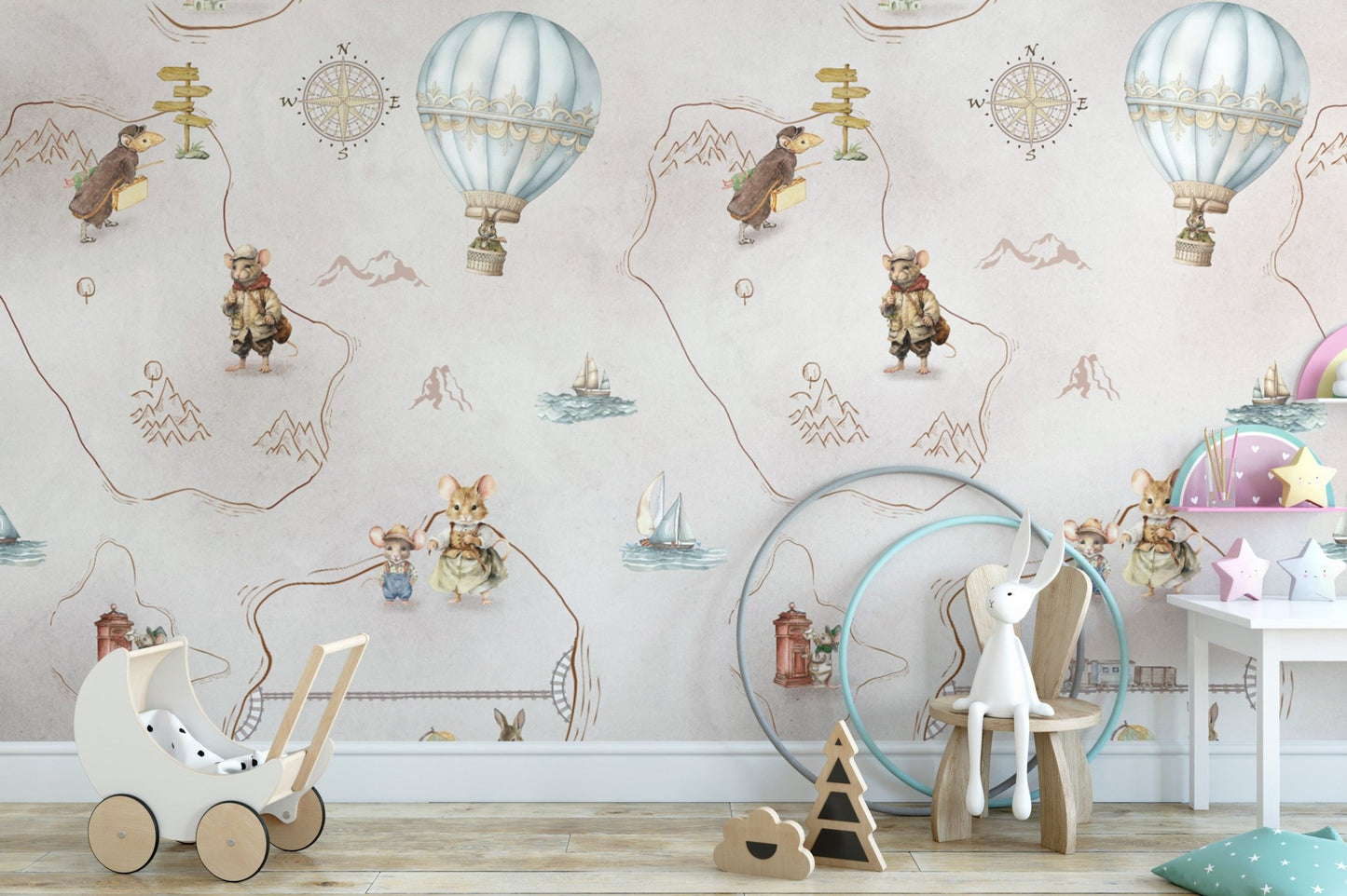 Whimsical animal adventure wallpaper design
