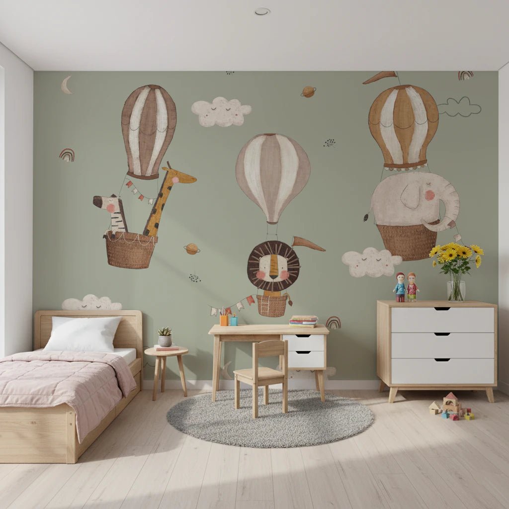 Whimsical Animal Balloon Ride Green Wall Mural