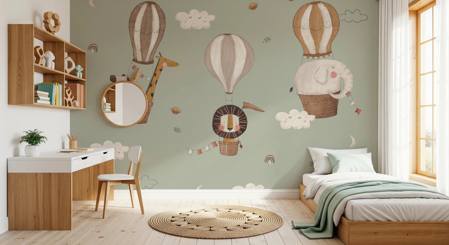 Whimsical Animal Balloon Ride Green Wall Mural