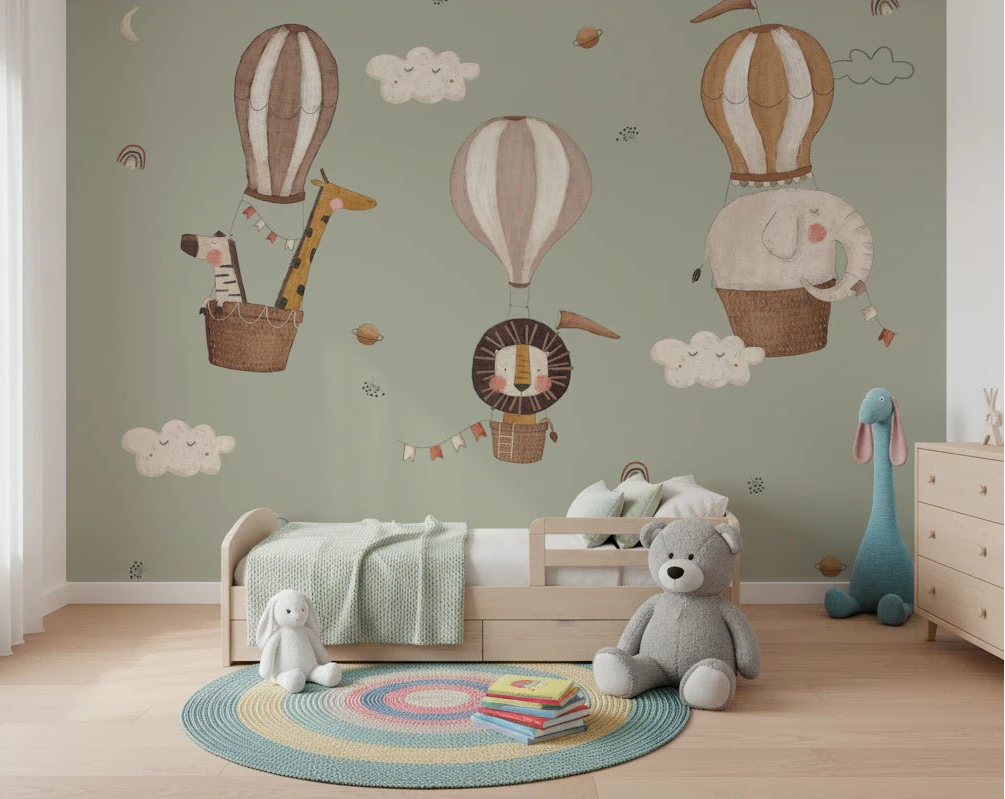 Nursery room styled with Whimsical Animal Balloon Ride Green Wall Mural and soft toys, GD8564