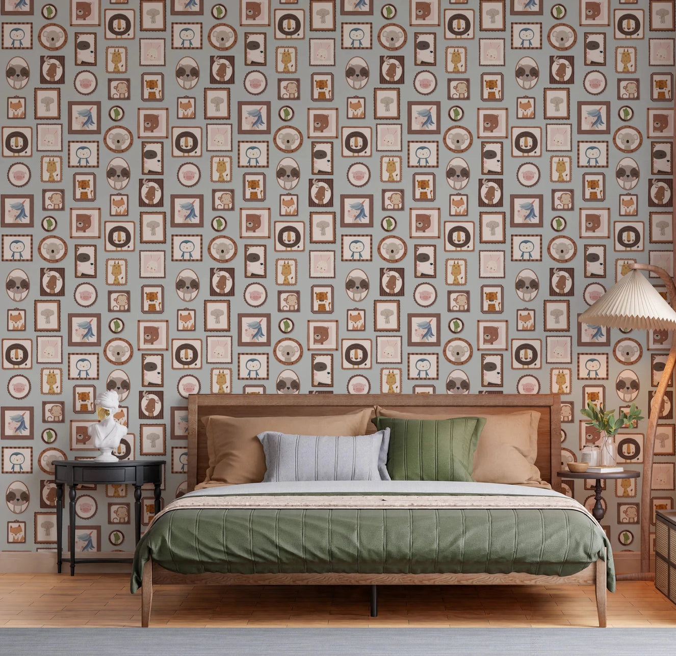 Bedroom setup where Whimsical Animal Portraits Wallpaper spans behind the bed