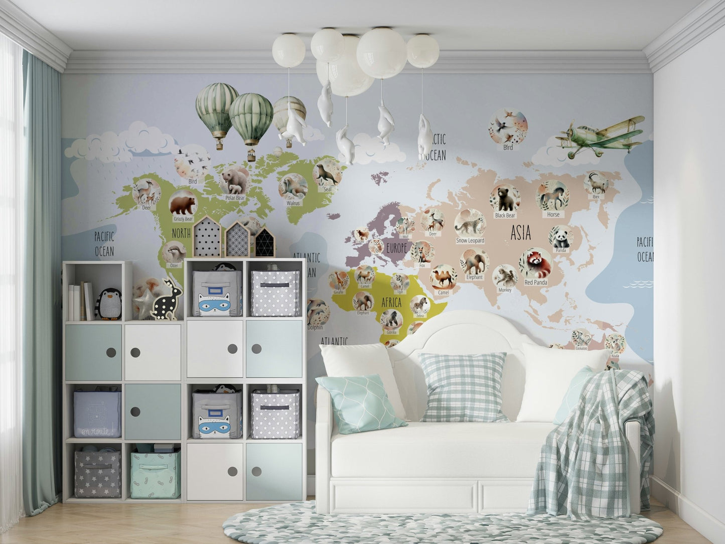 A minimalist home office with the whimsical world map wallpaper.


