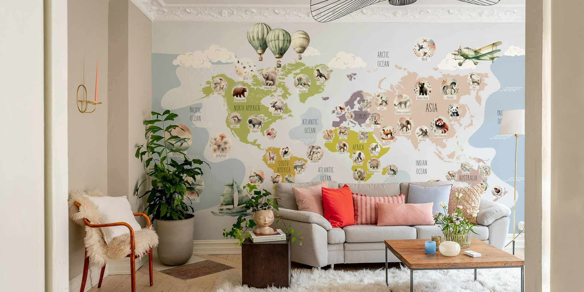 A beautiful, whimsical world map with cartoon animals.

