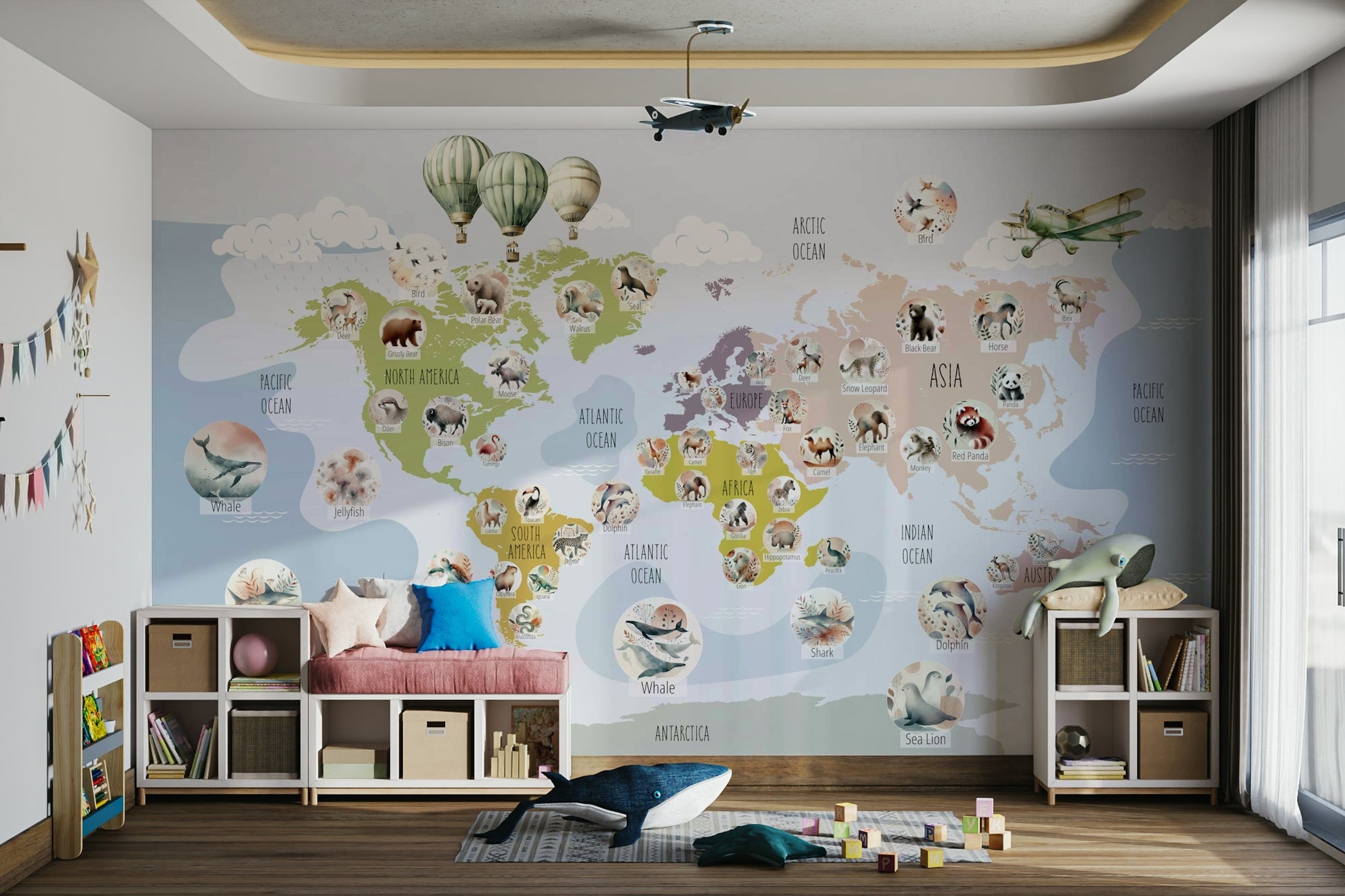 A living room featuring the animal map wall mural.

