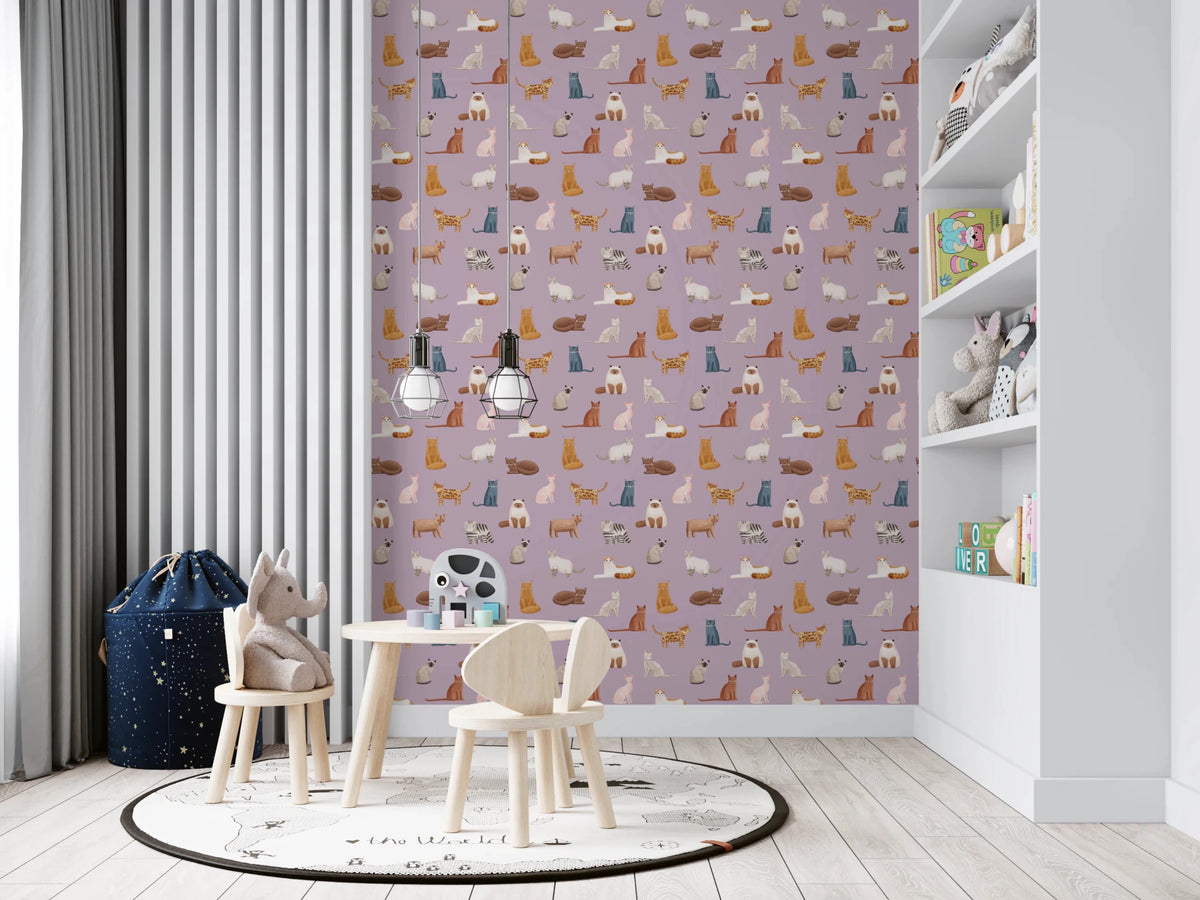 Whimsical Cat Parade Wallpaper with scattered cat figures, GD8493