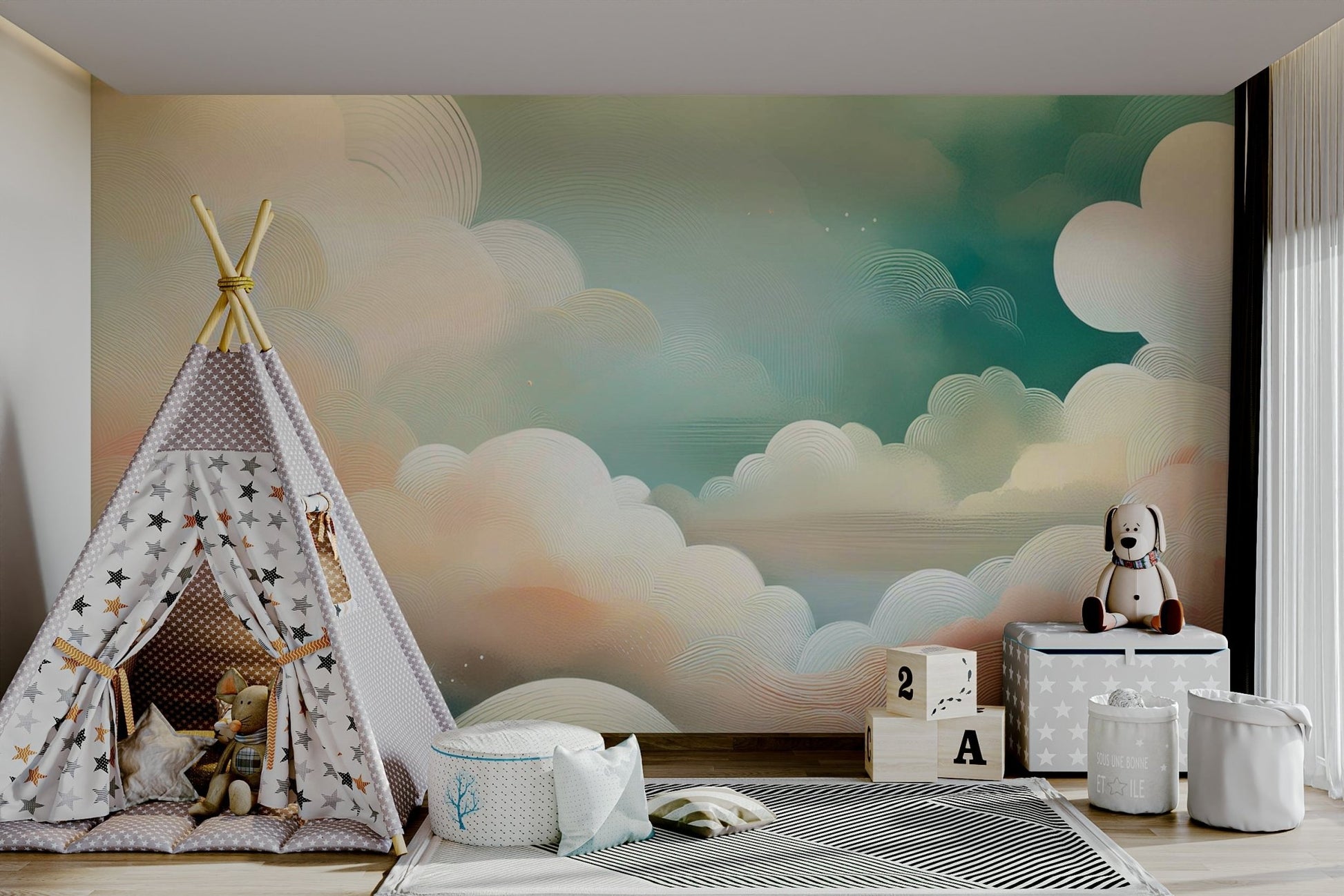 Soothing cloud mural for walls in serene shades.

