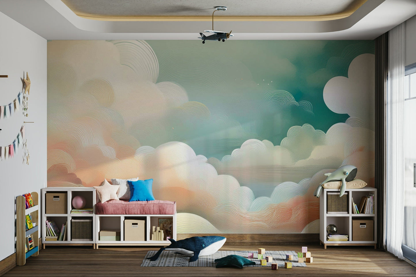 Dreamy cloud mural bringing serenity to walls.

