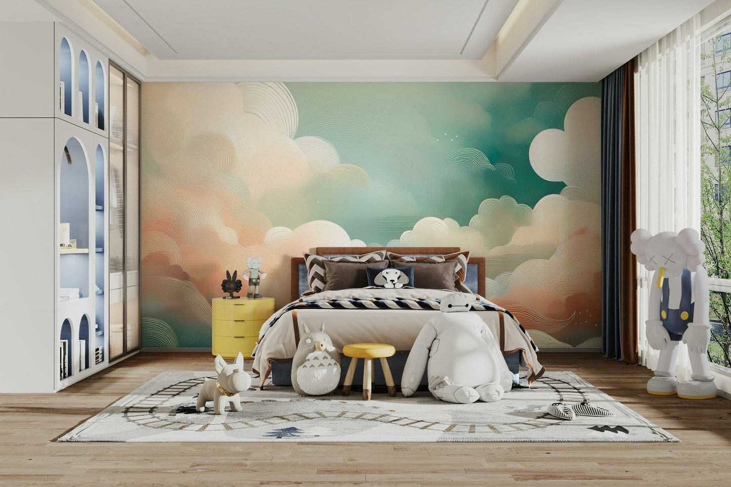 Soft cloud mural for a peaceful, airy interior.

