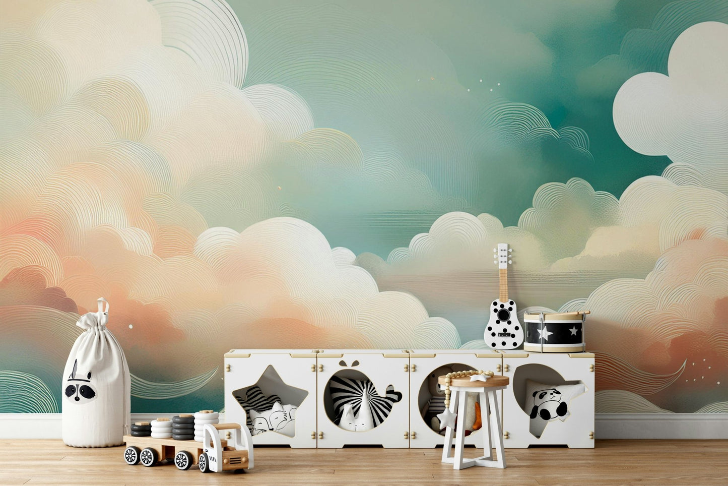 Whimsical sky wall mural with soft cloud details.

