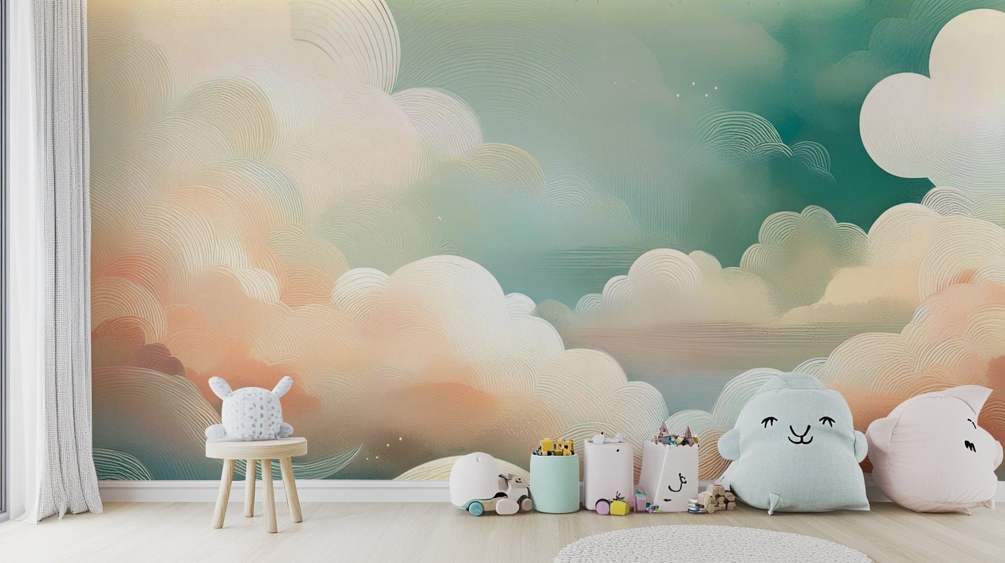 Calm and whimsical cloud wall mural for home decor.


