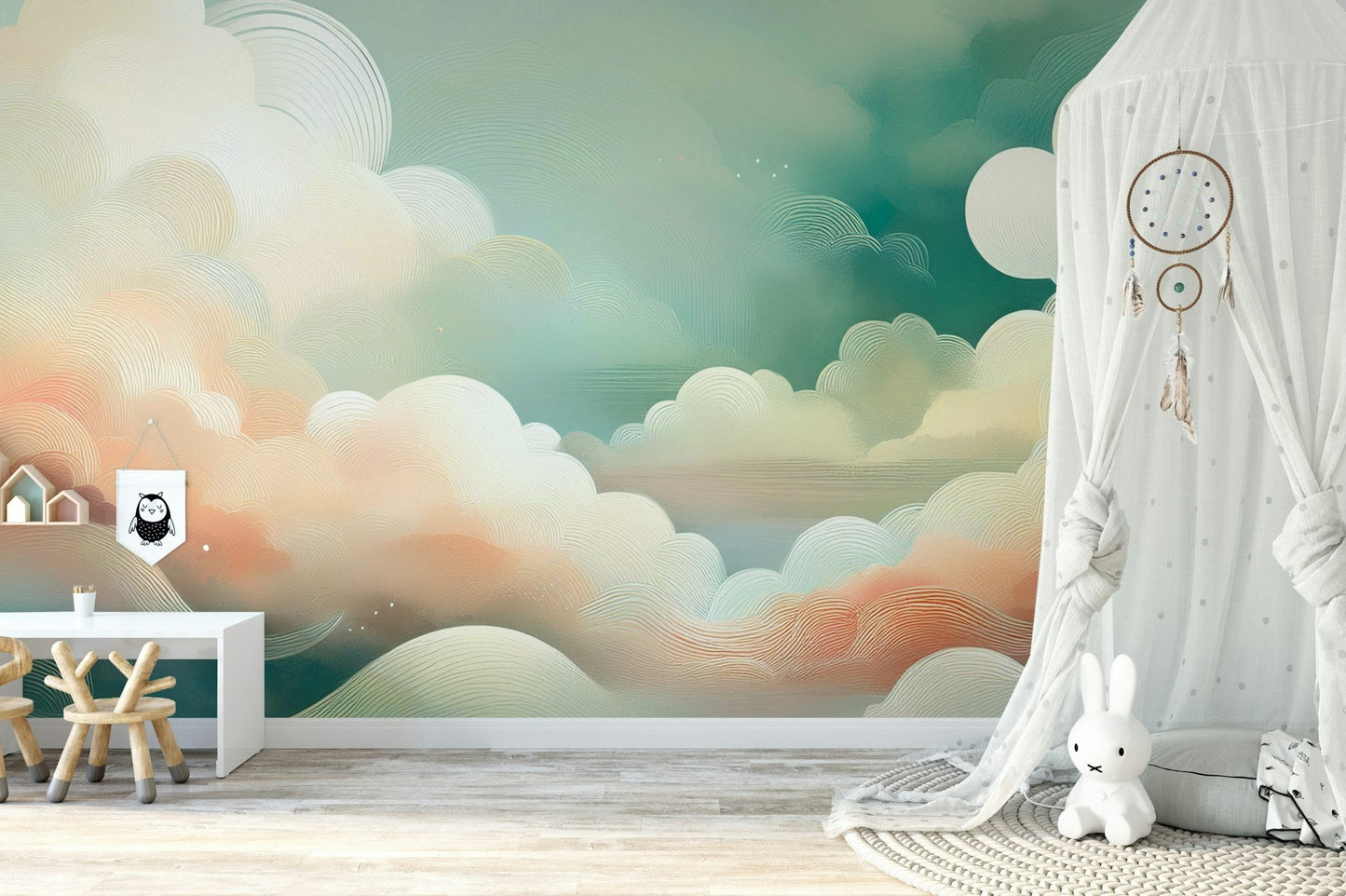 Whimsical cloud vista wall mural for dreamy spaces.

