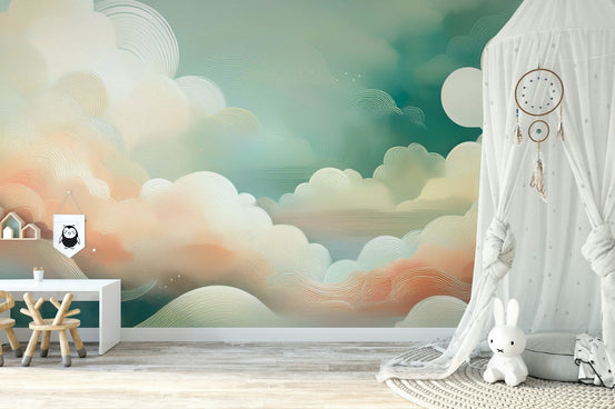Whimsical cloud vista wall mural for dreamy spaces., GD1660