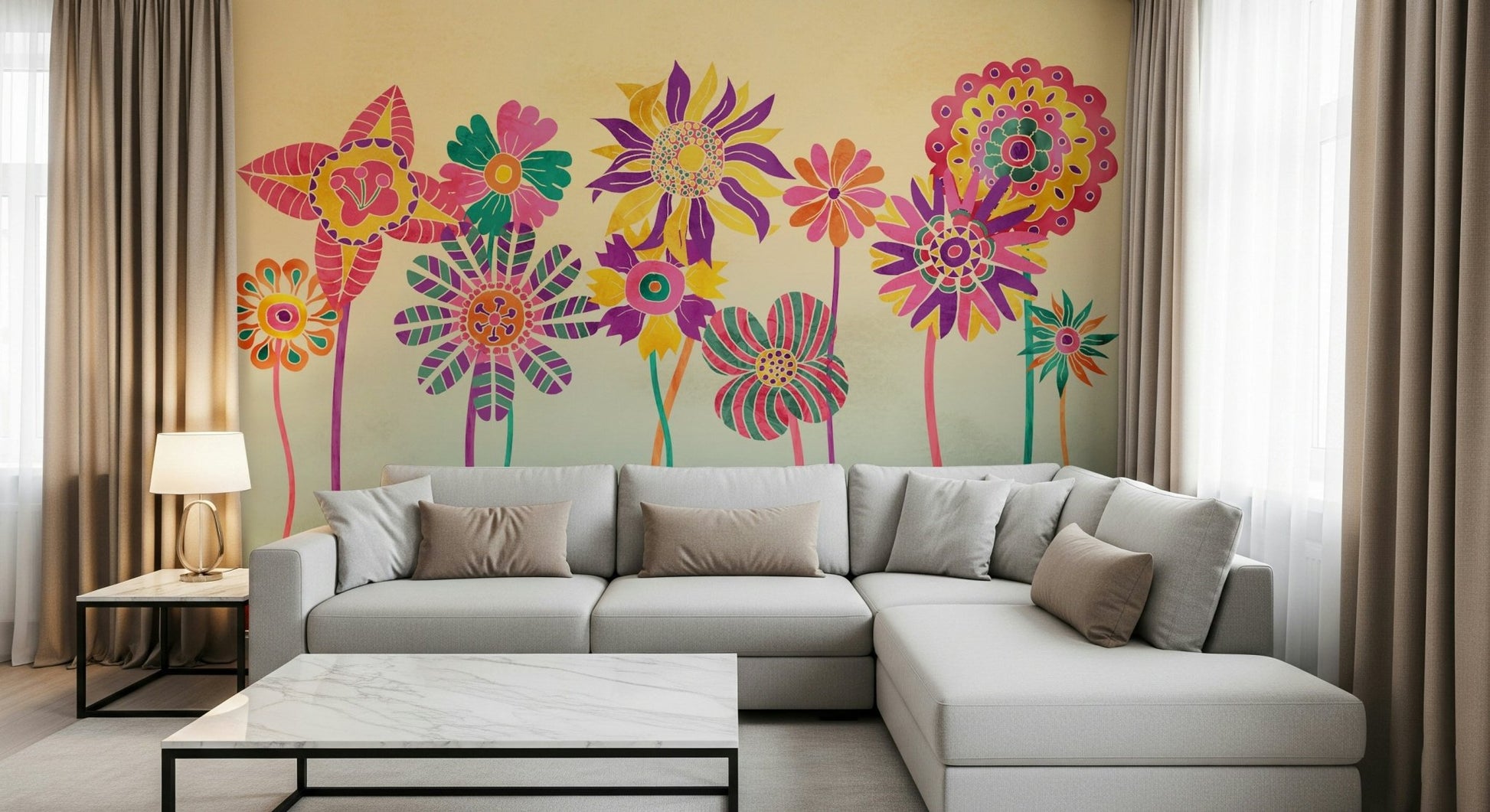 An artistic abstract bloom mural on minimalist wallpaper.