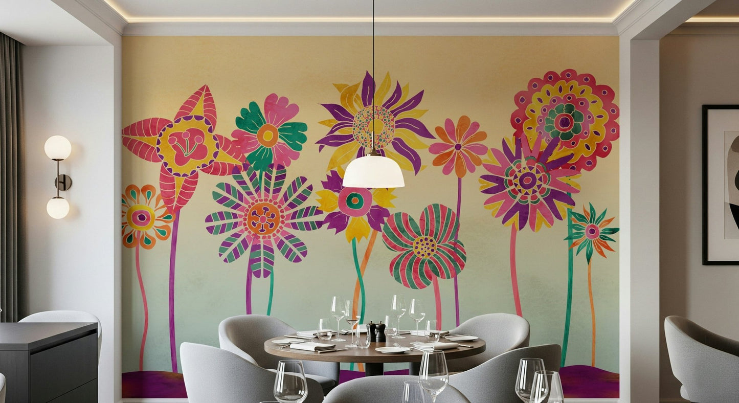 A contemplative colorful floral wallpaper mural for a feature wall.