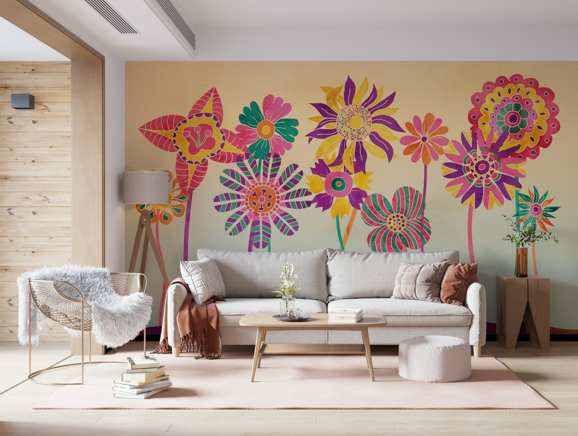 A graceful subtle flower wall mural in rich, magenta, and purple tones.