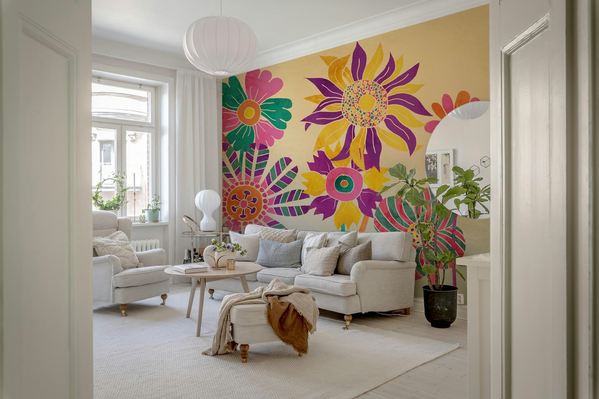 A beautiful whimsical fantasy flower wallpaper mural in bright, vibrant colors.