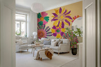 A beautiful whimsical fantasy flower wallpaper mural in bright, vibrant colors.
