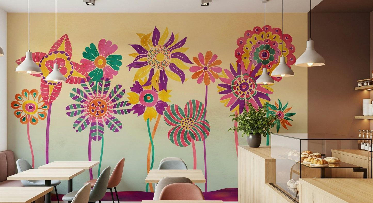 A calming floral design wallpaper mural that defines a space.