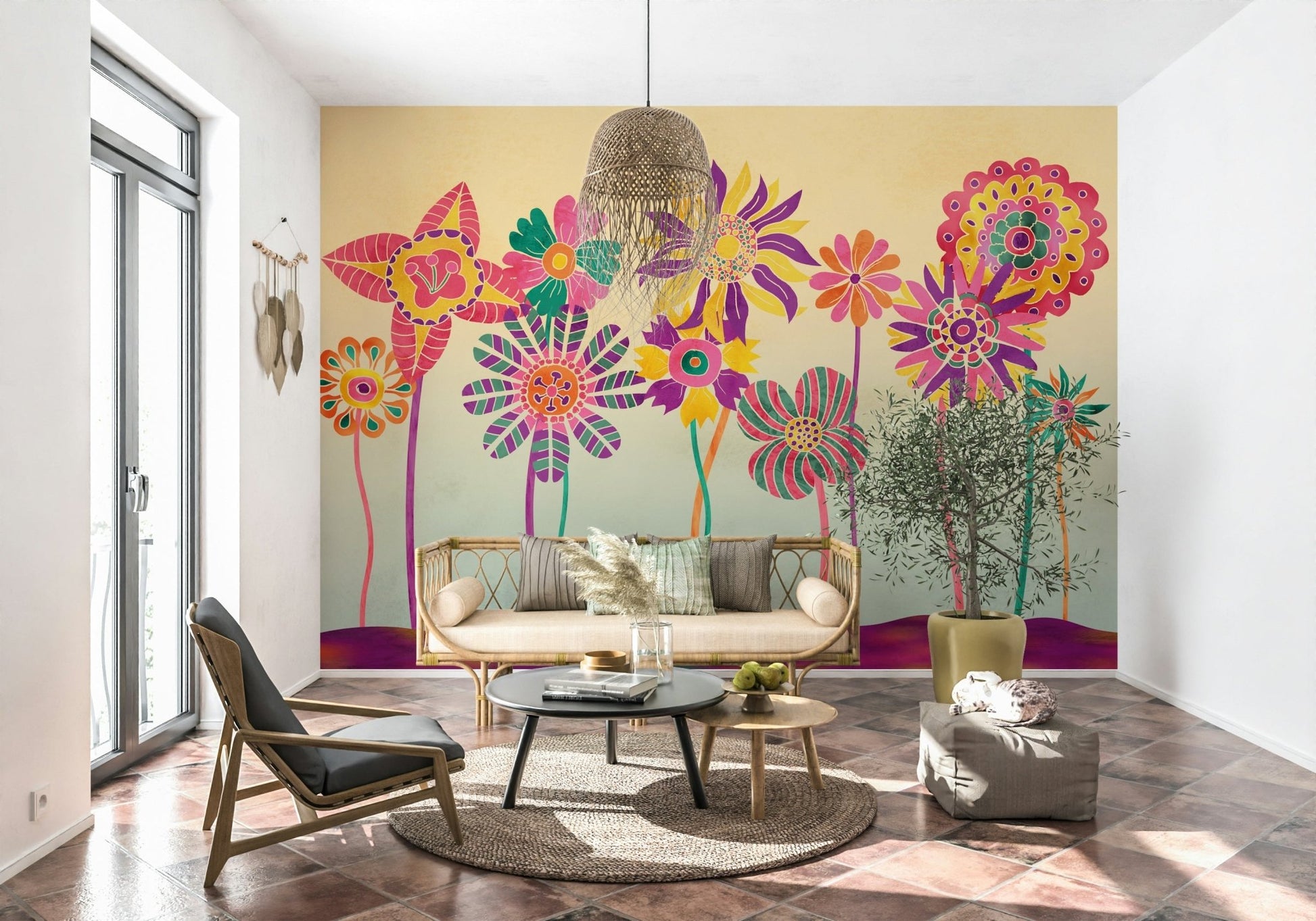 A peaceful flower design mural on decorative wallpaper.
