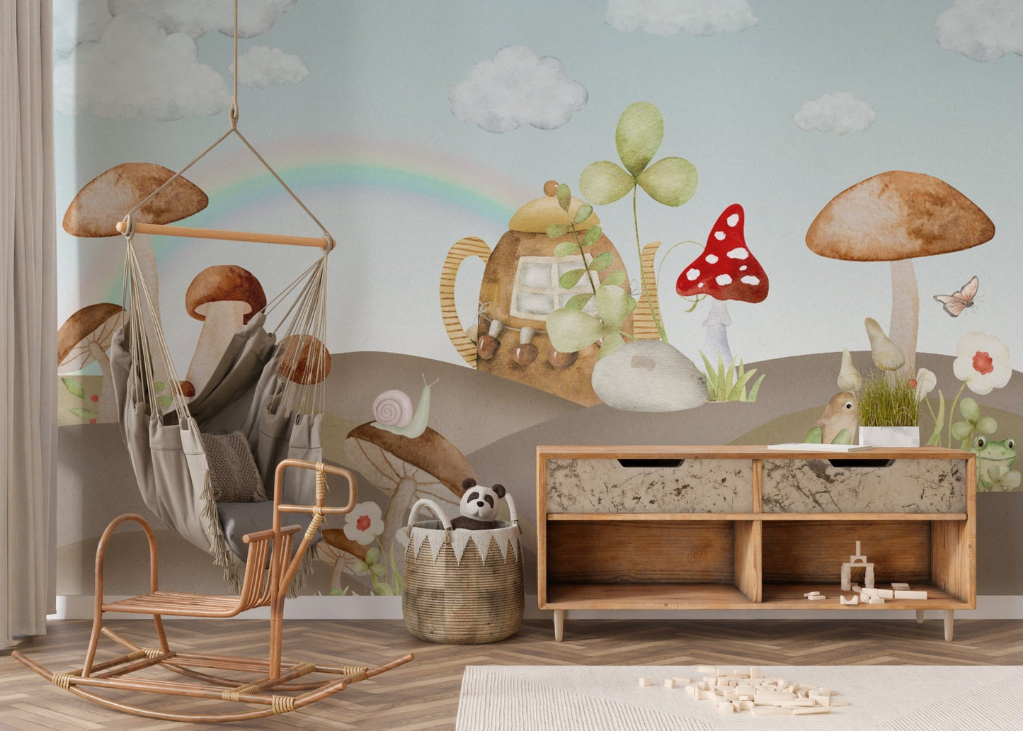 Playful forest creatures nursery wallpaper
