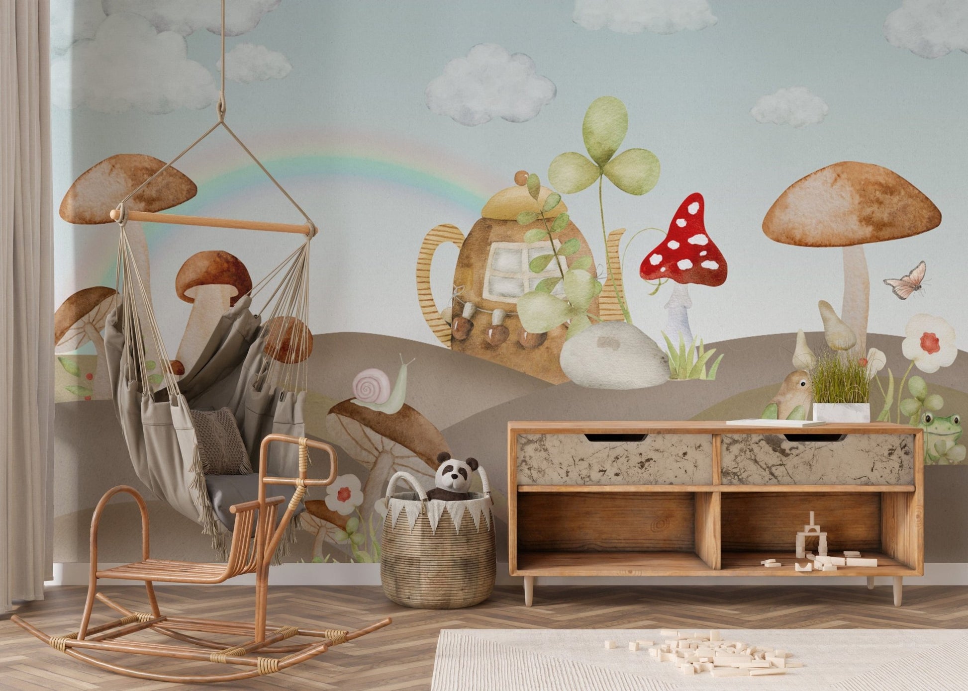 Playful forest creatures nursery wallpaper
