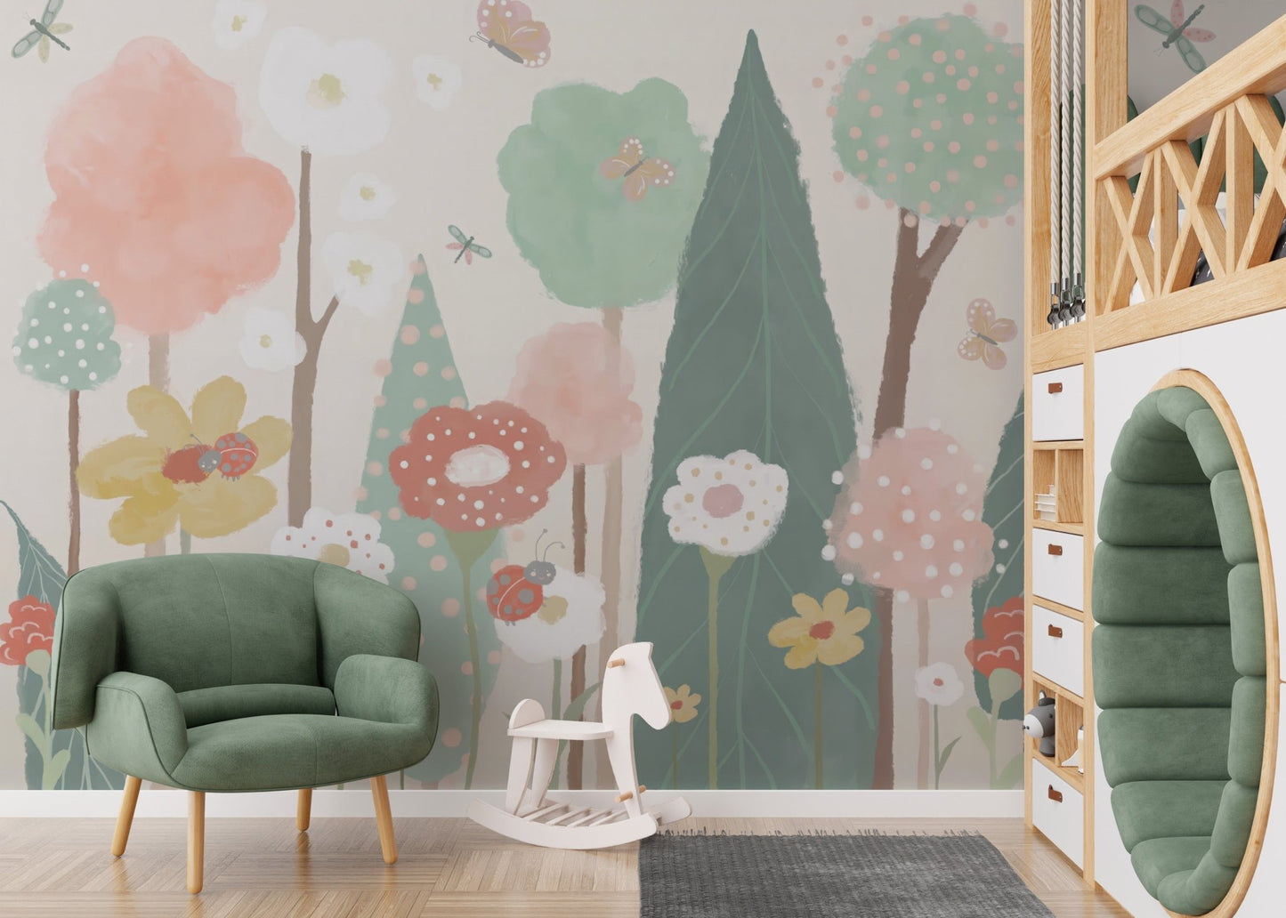 Nature-inspired whimsical kids wallpaper
