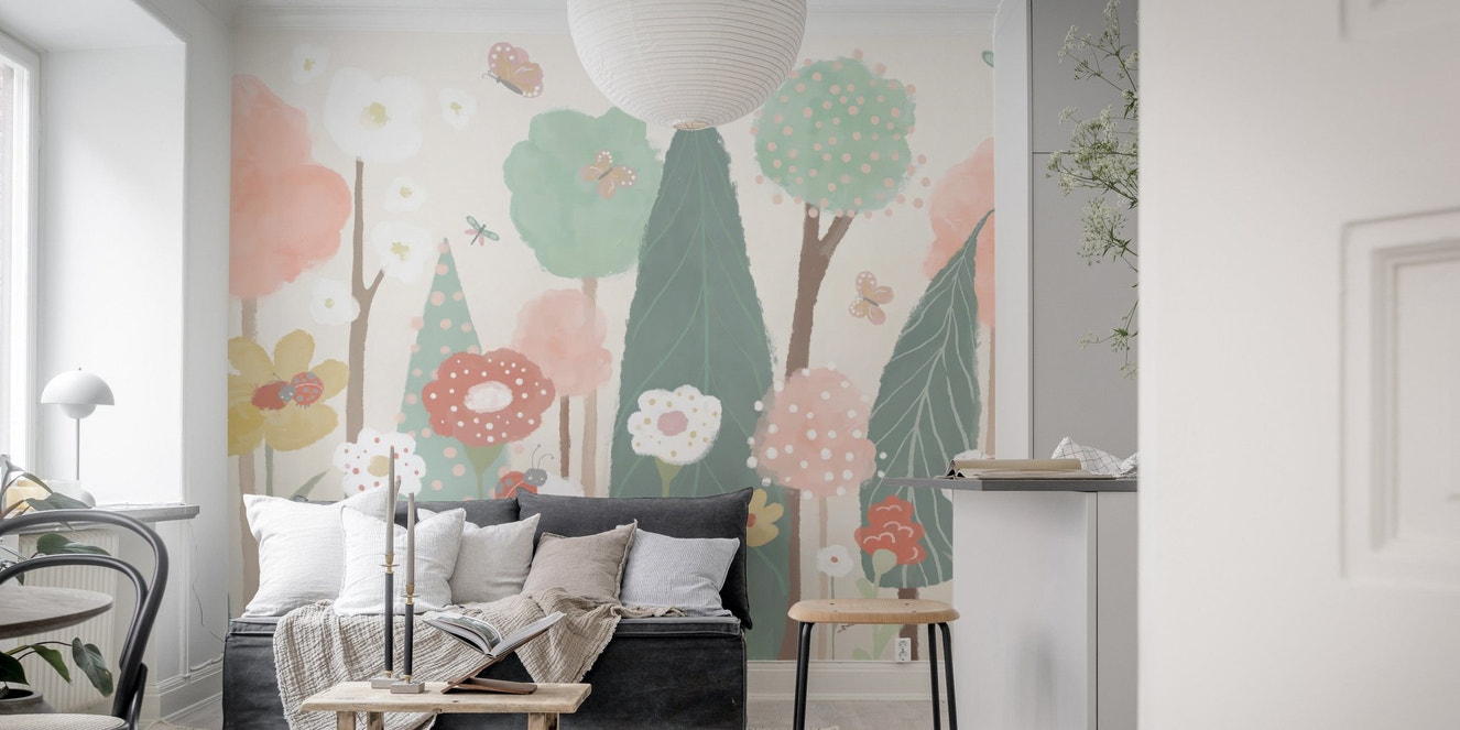Whimsical floral meadow kids wallpaper
