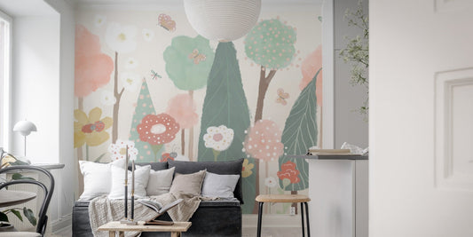 Whimsical floral meadow kids wallpaper

