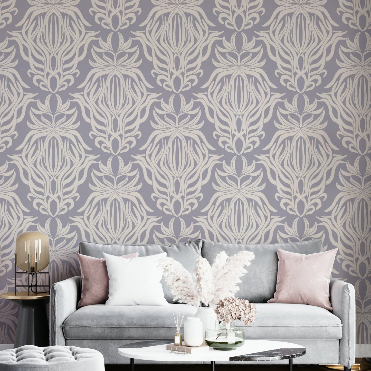 Floral tapestry wallpaper with a playful, artistic touch.

