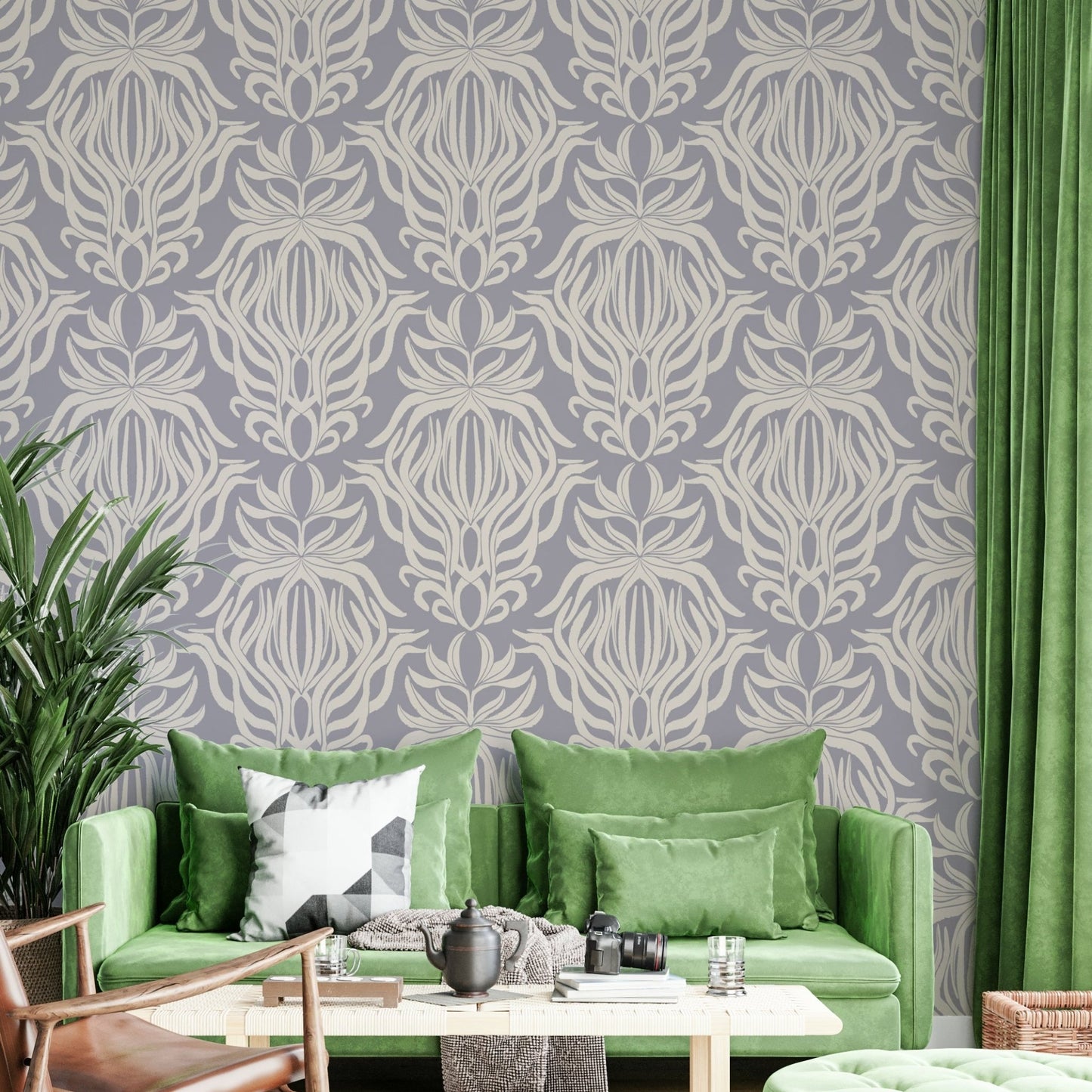 Whimsical floral tapestry wallpaper for modern rooms.

